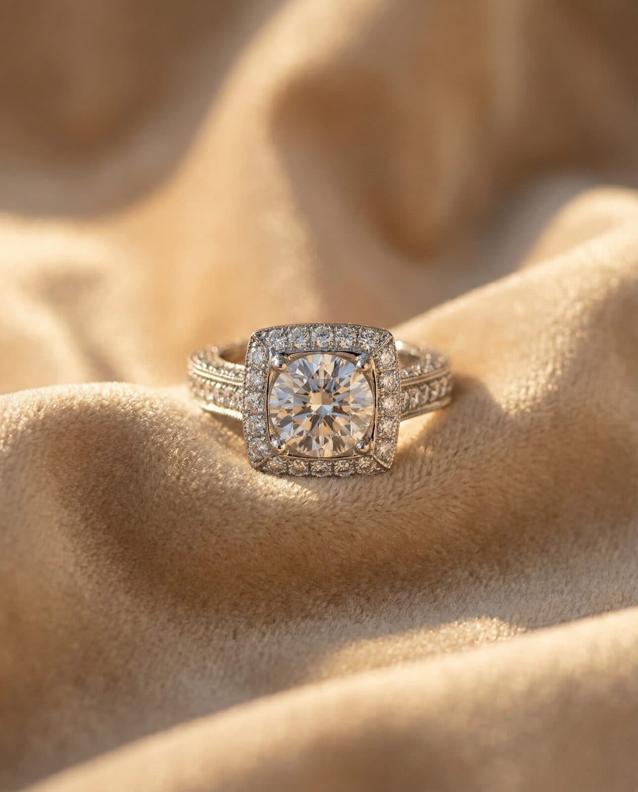 Engagement ring beside a champagne glass