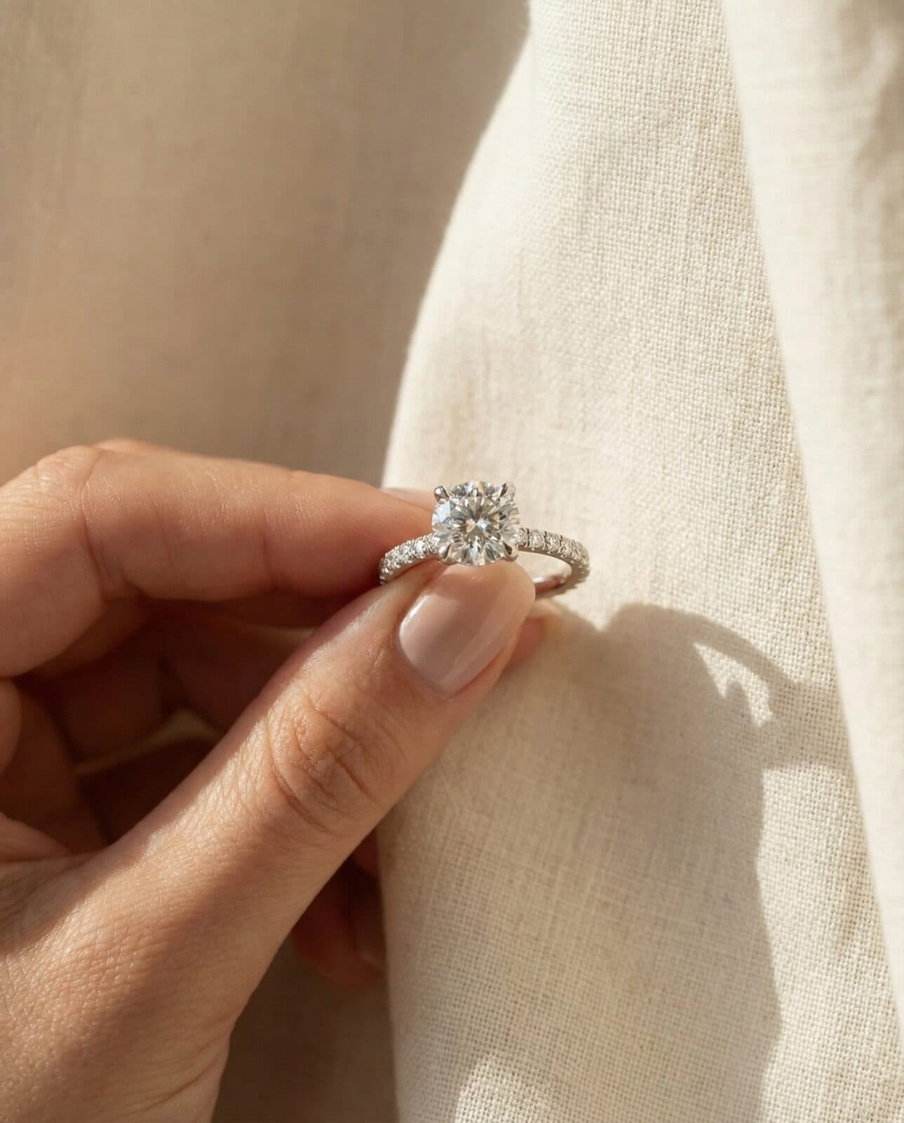 Diamond ring on folded linen