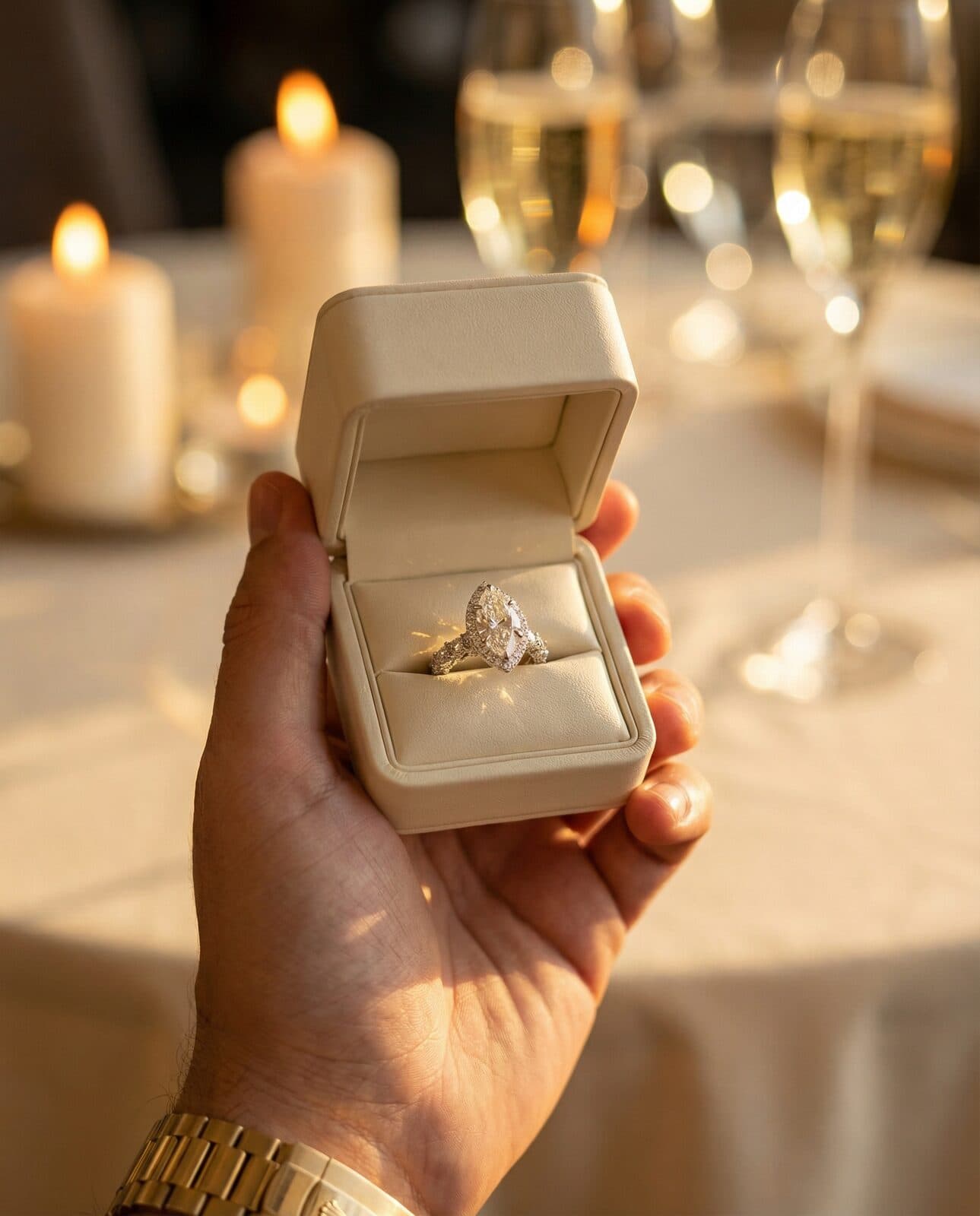 The moment of a proposal, ring in hand