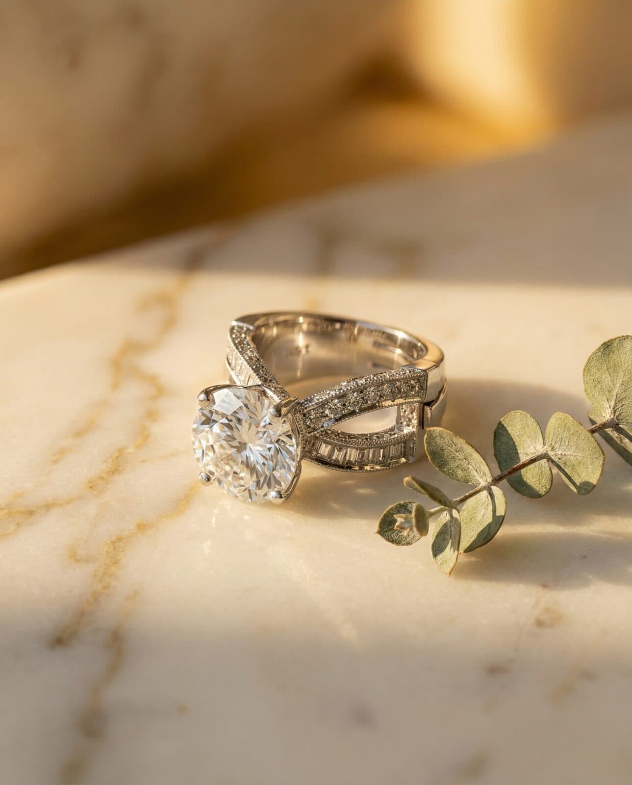 Engagement ring photographed on marble